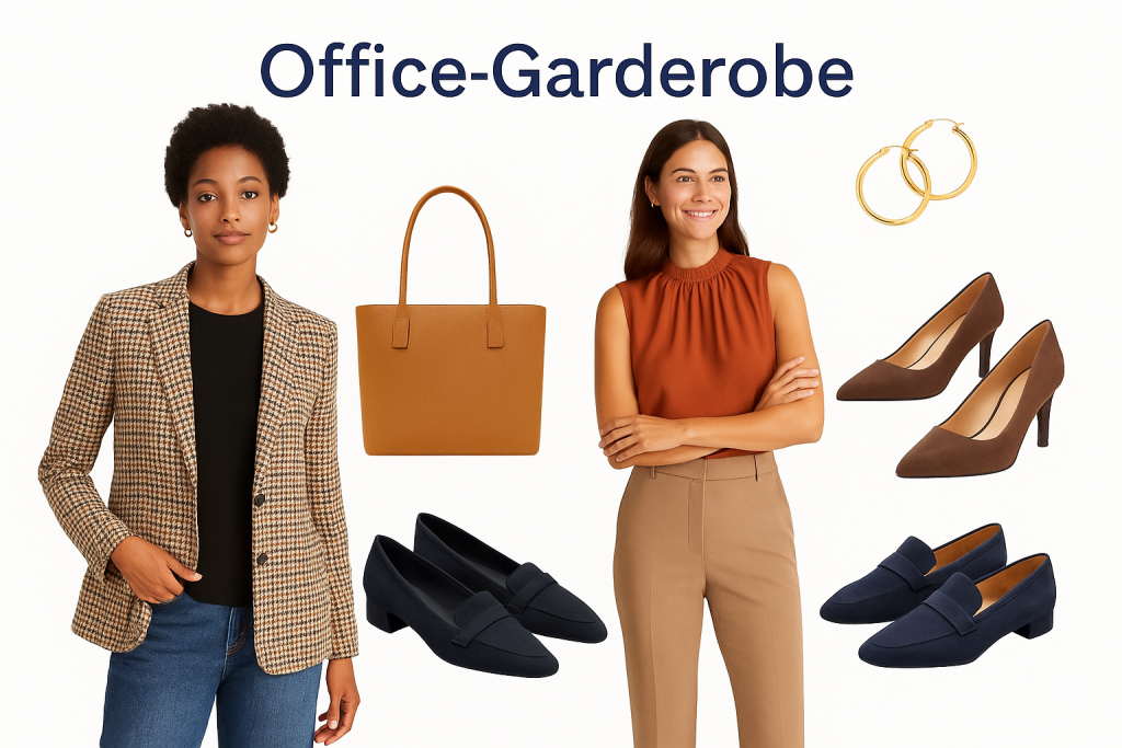 Business-Outfit für Frauen – Blazer, Stoffhose, Bluse und elegante Tasche im modernen Büro-Stil